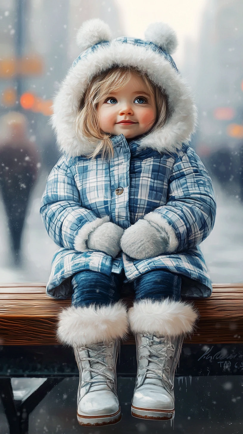 Dolce bambina invernale su una panchina in città