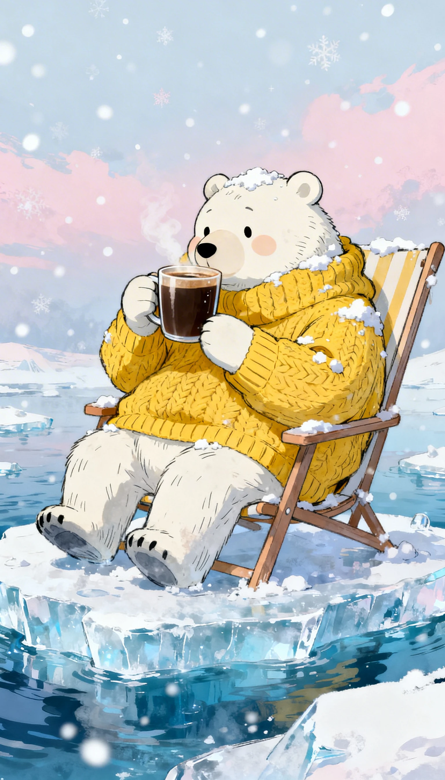 Urso‑polar de suéter relaxando em bloco de gelo na neve