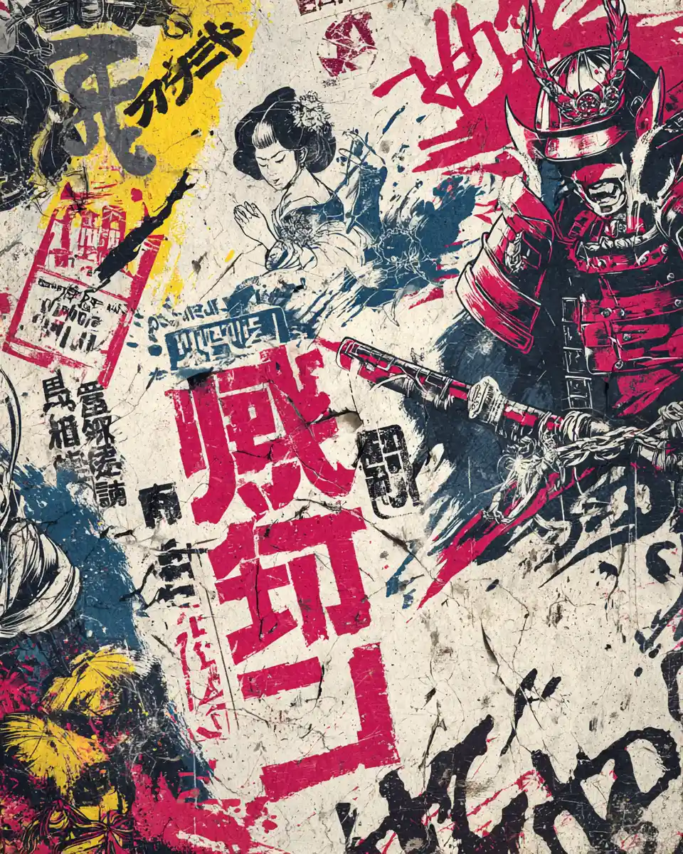 Samurai e geisha punk retrò in uno skyline urbano di graffiti al neon