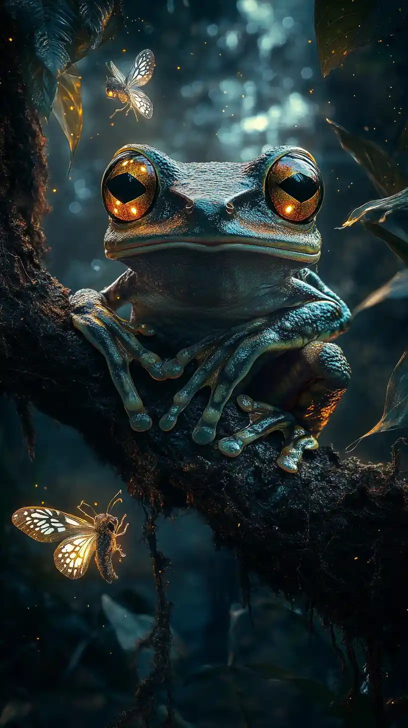 Rana Arboricola Dark Fantasy con Occhi Luminosi nella Notte