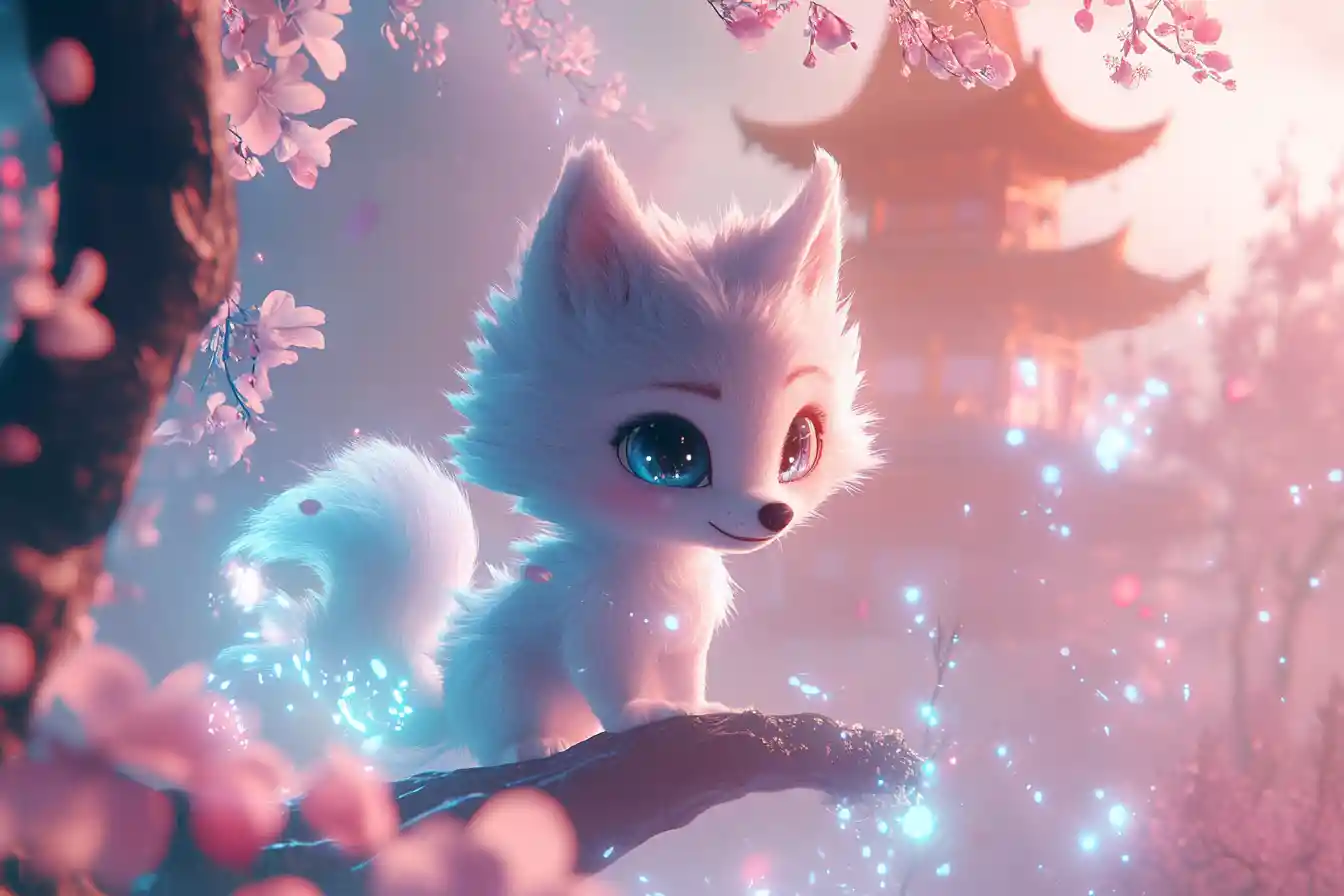 Chibi wolf on glowing cherry blossom branch with stardust