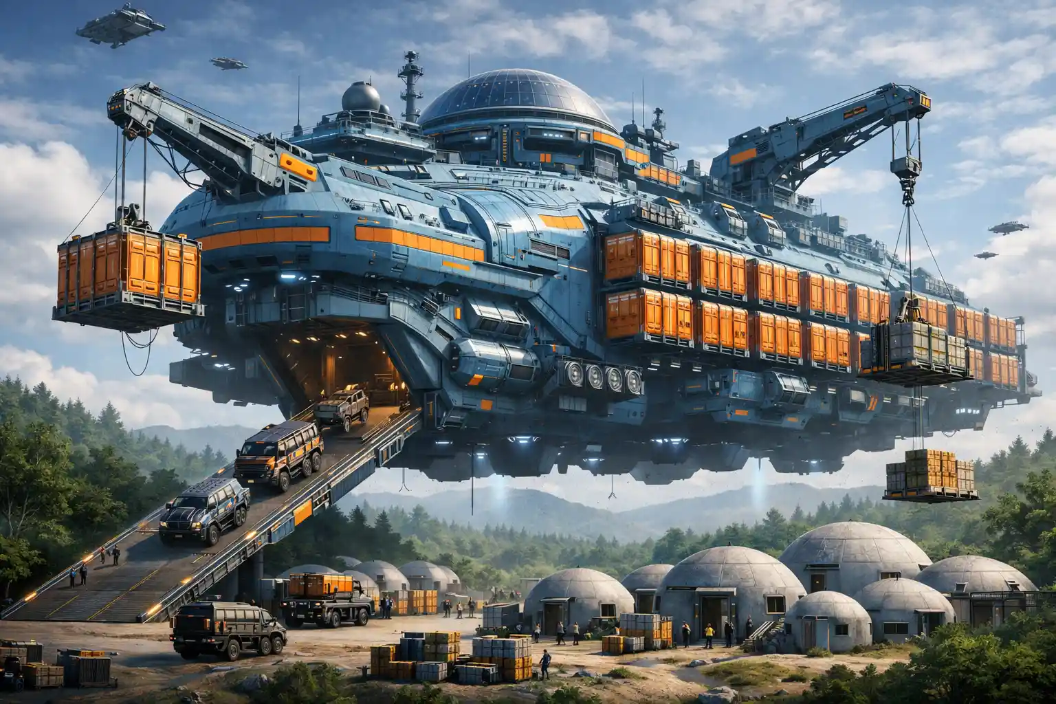 Massive modular cargo starship above distant forest village