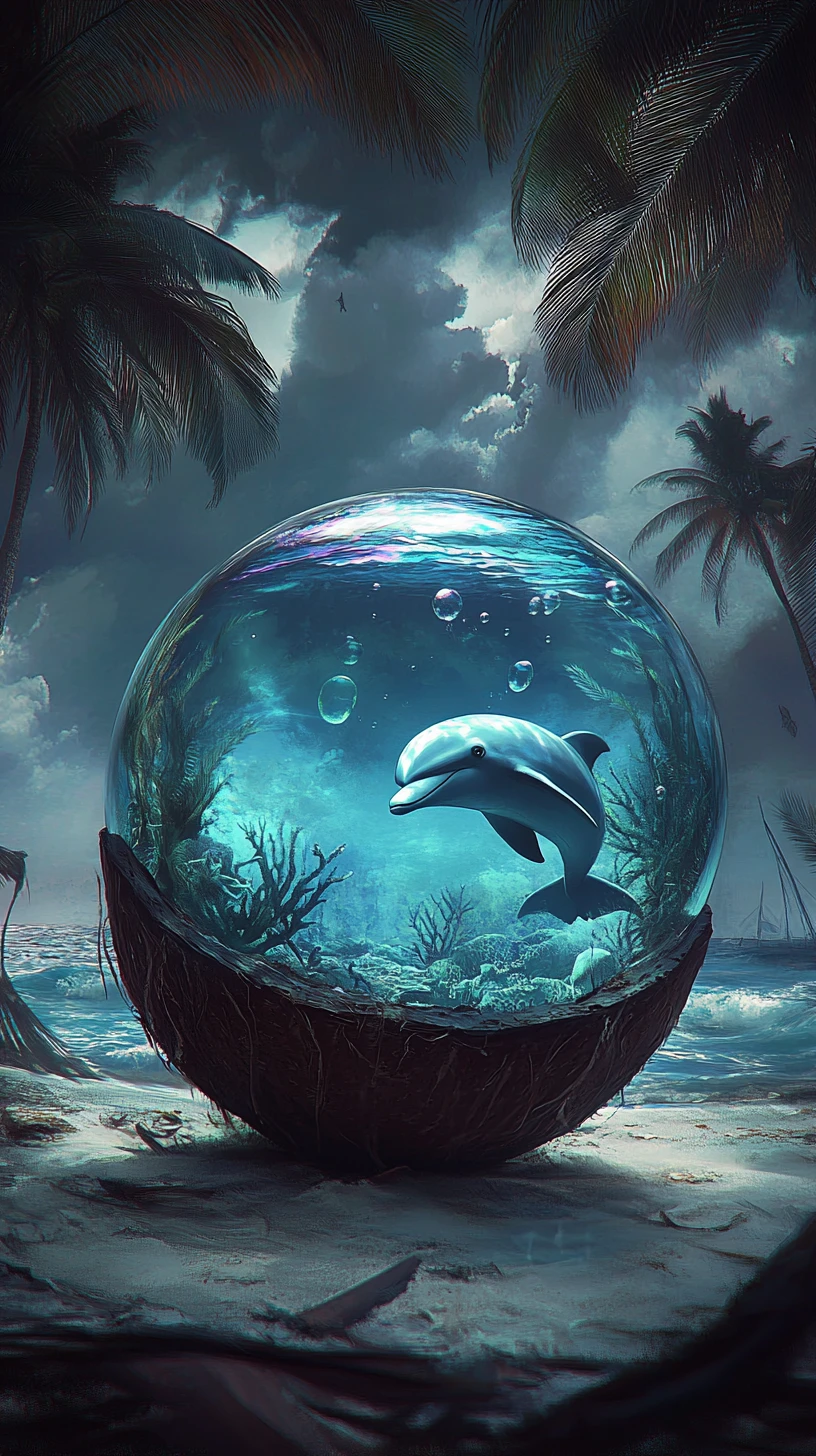 破裂椰子殼水族箱中的幽靈海豚（海岸）