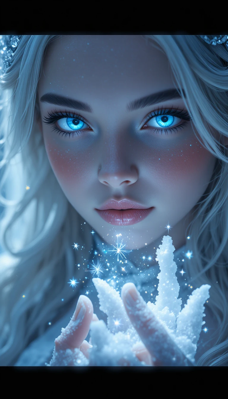 Ritratto di principessa del ghiaccio con occhi blu luminosi e respiro gelido
