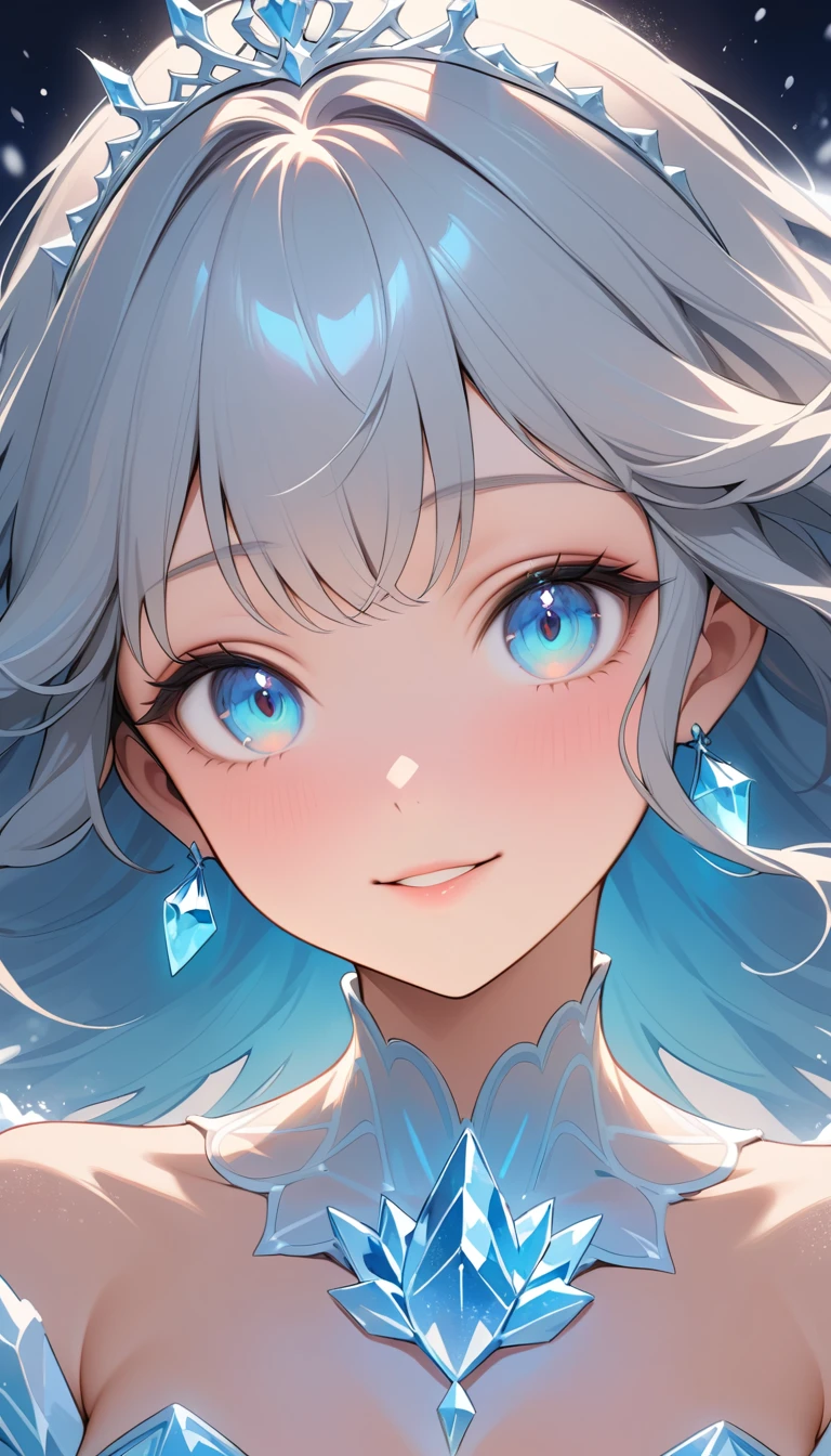 Ice princess close up with glowing blue aurora eyes