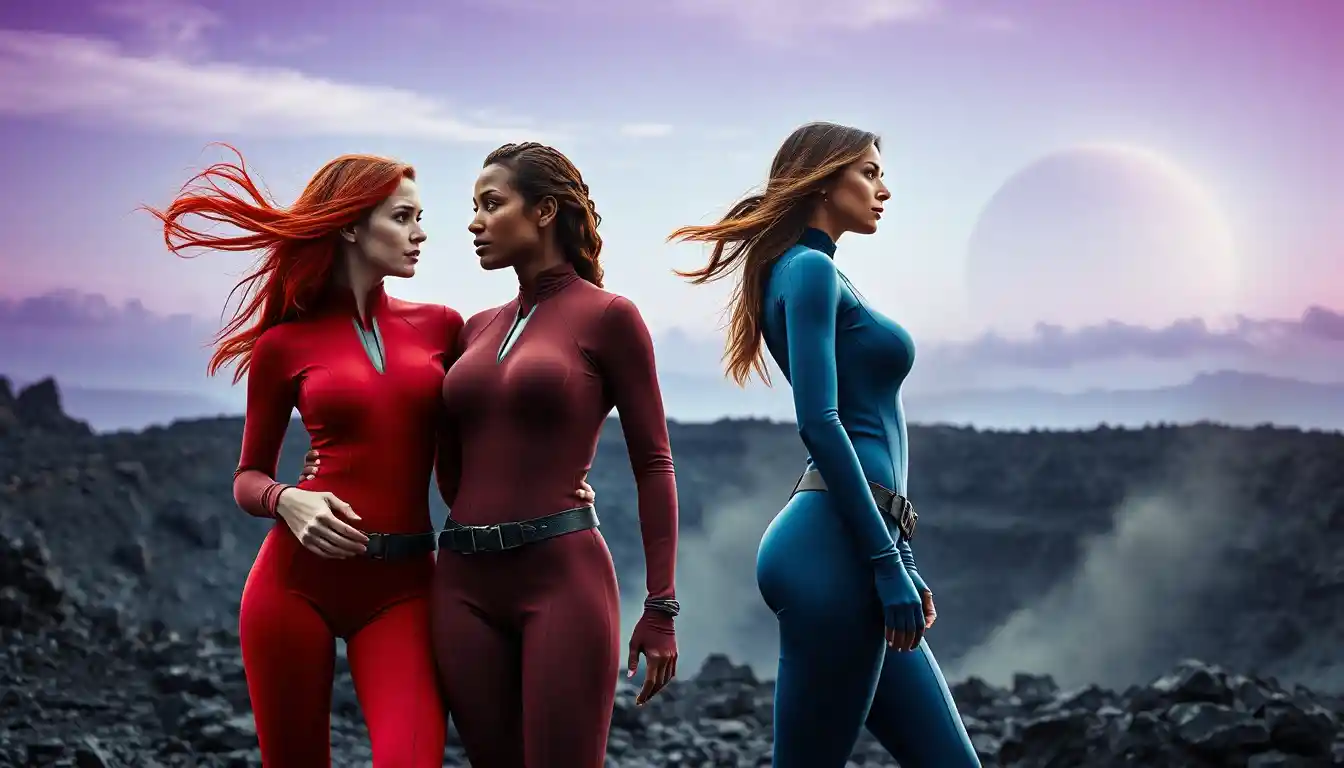 Duas mulheres heroicas em uma cratera alienígena sob um céu roxo