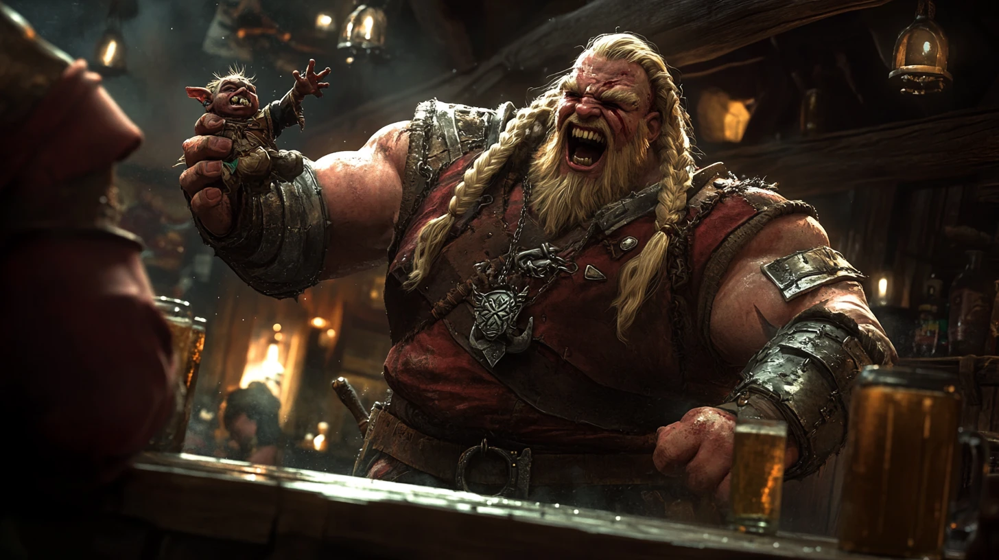 Bárbaro rindo arremessa goblin em taverna lotada