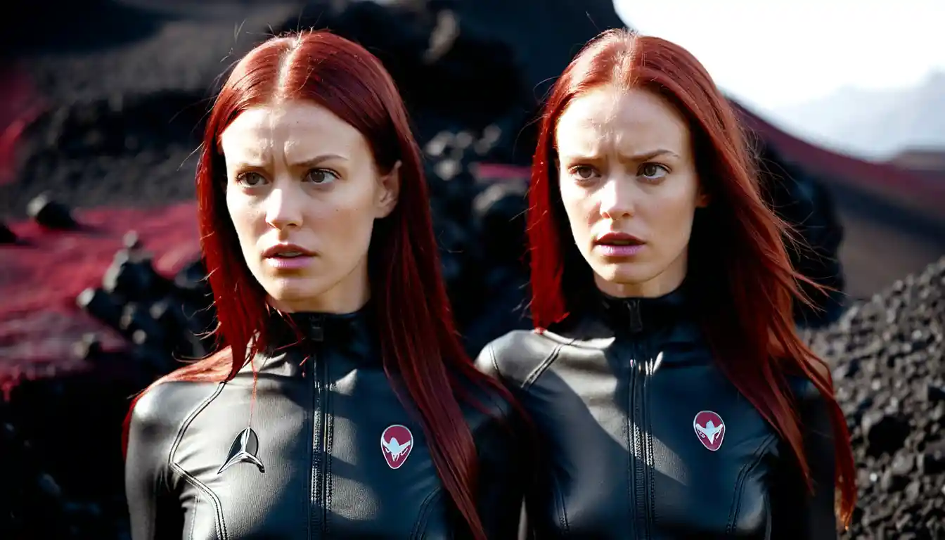 Two determined women in red and blue suits on alien world