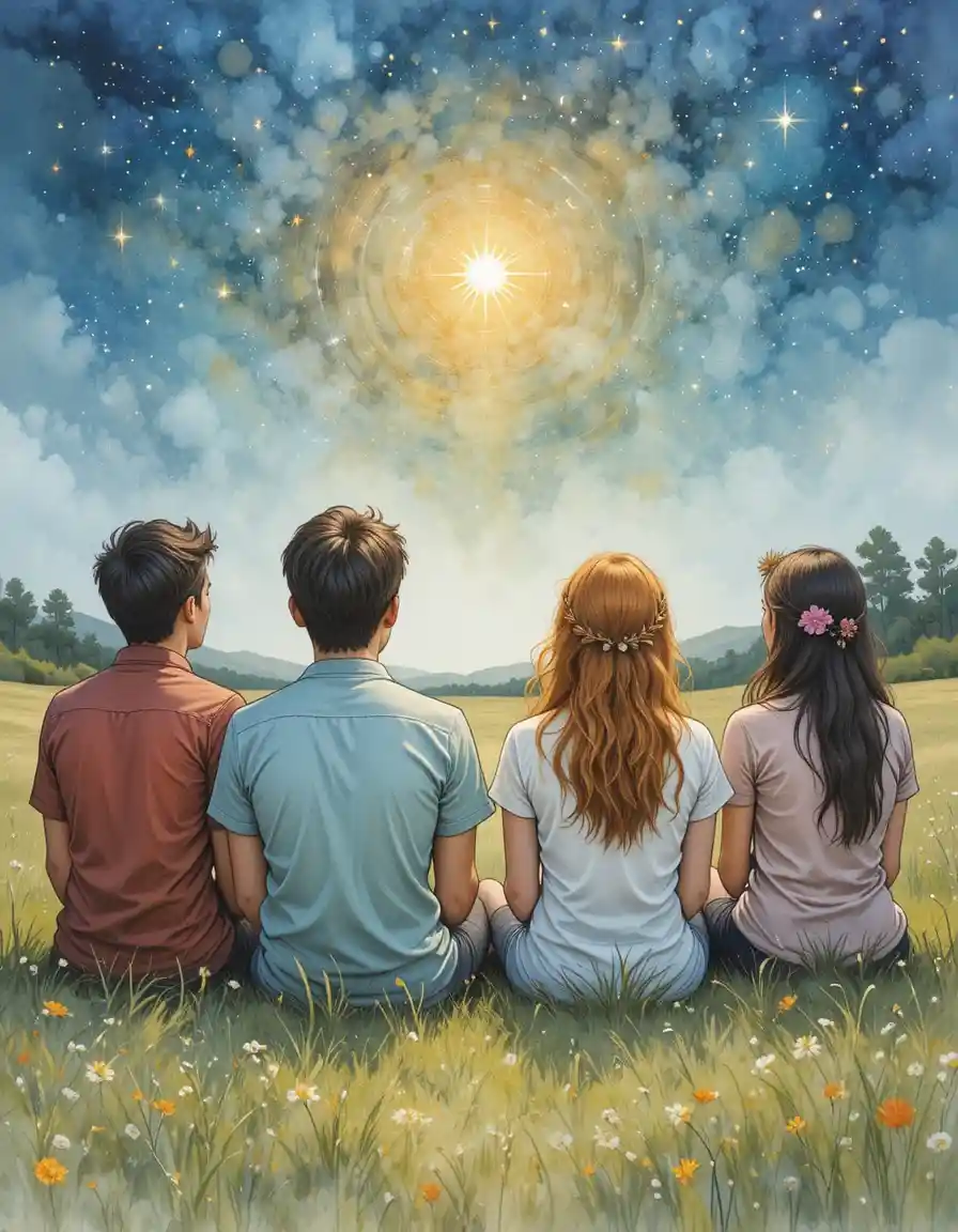 Four friends sitting in a meadow watching the night stars