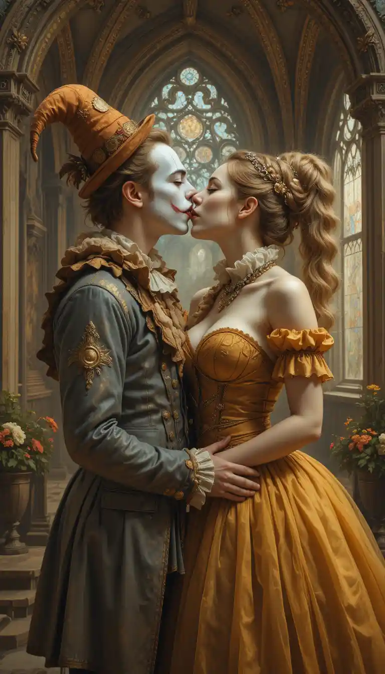 Palhaços românticos se beijando em uma pintura de castelo em tons quentes