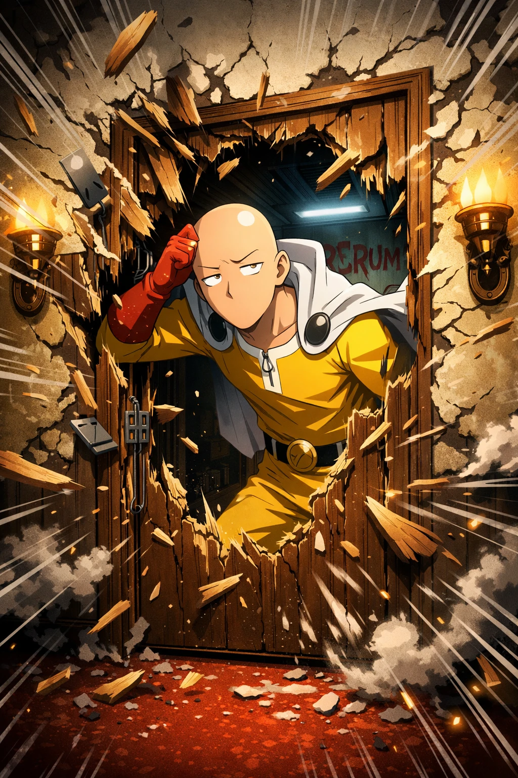 Herói de anime entediado soca porta estilhaçada de quarto de hotel