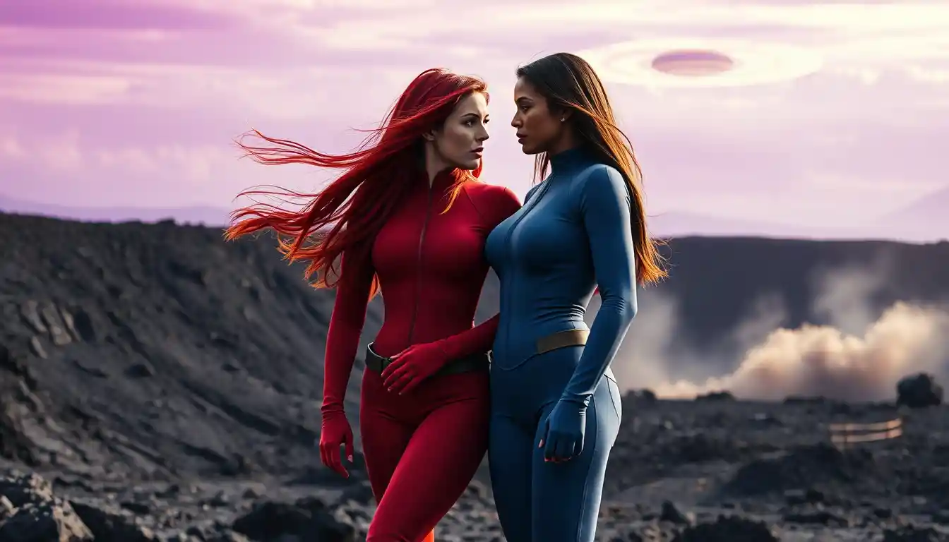 Two heroic women on alien crater under violet sky