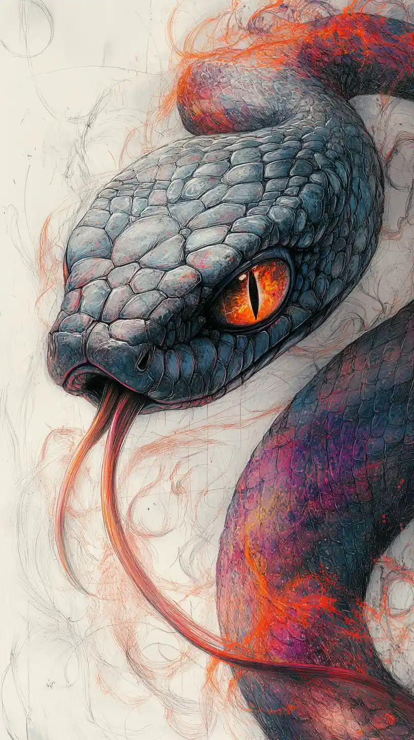 Retrato surreal a carvão de uma serpente com olhar enigmático