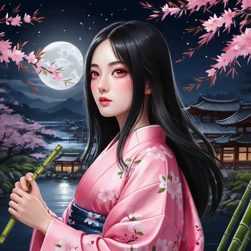 Anime-Mädchen im rosa Kimono unter mondbeschienenen Kirschblüten