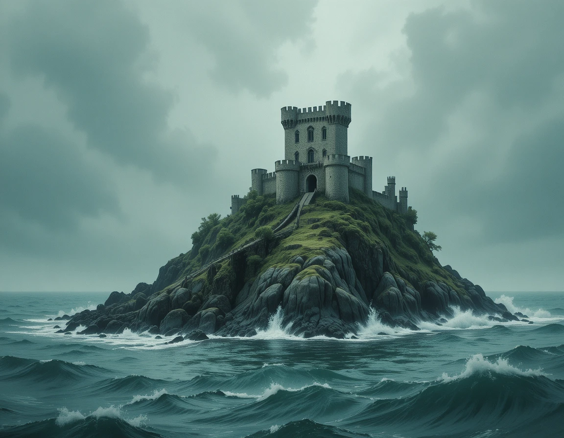 Forteresse en mer orageuse sur île rocheuse aquarelle
