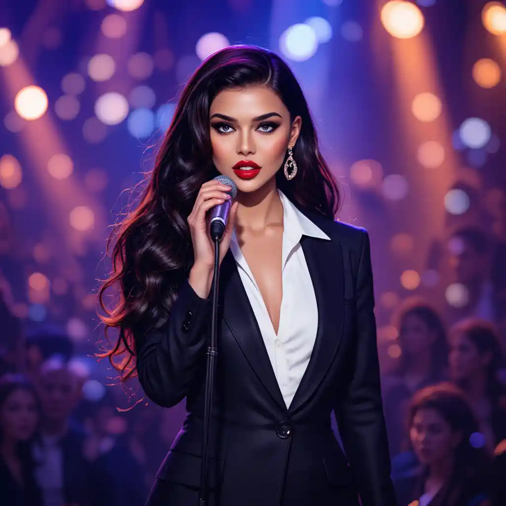 Elegant female singer performing under bright stage spotlights