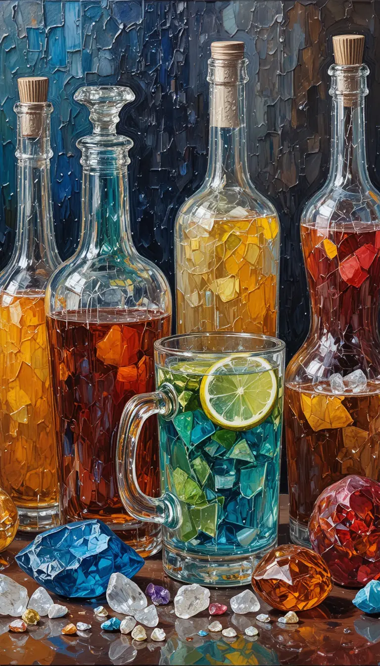 Natura morta con colorate bottiglie di vetro in stile impressionista