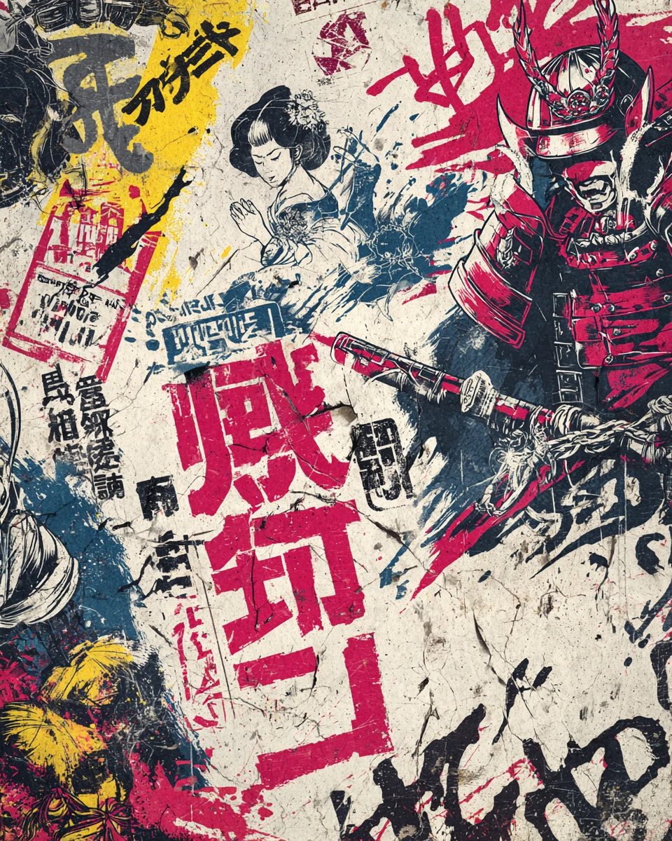 Samurai e geisha punk retrò in uno skyline urbano di graffiti al neon