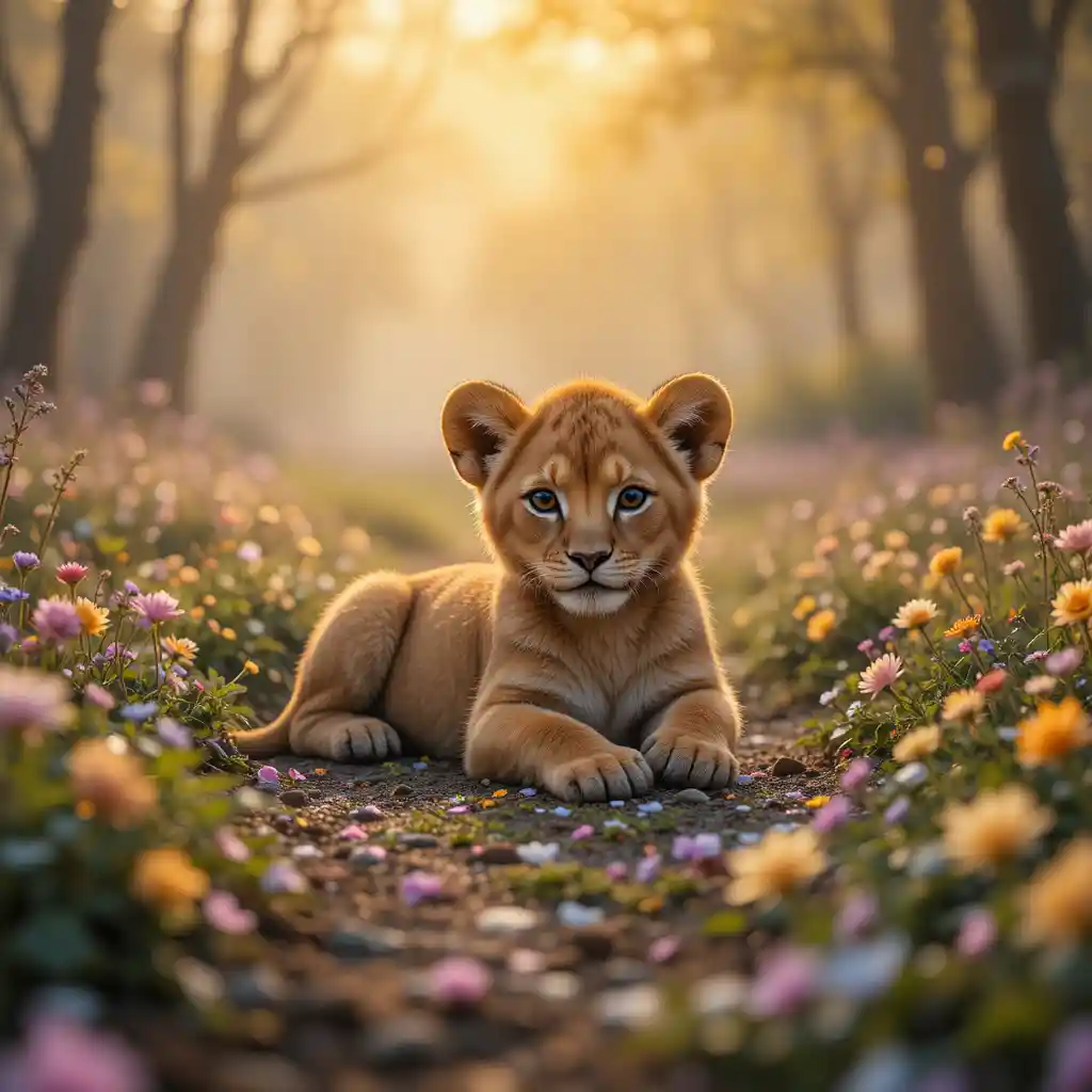 꽃이 가득한 봄 숲길에 누워 쉬는 사자 새끼