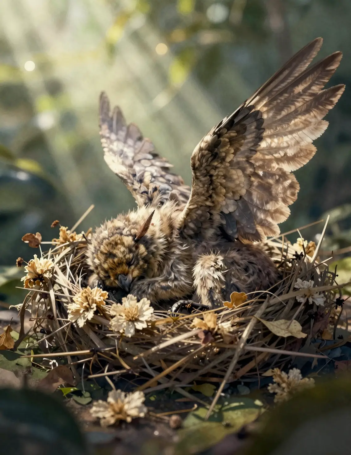 Geflügeltes Wesen schläft in einem Nest aus getrockneten Waldbumen
