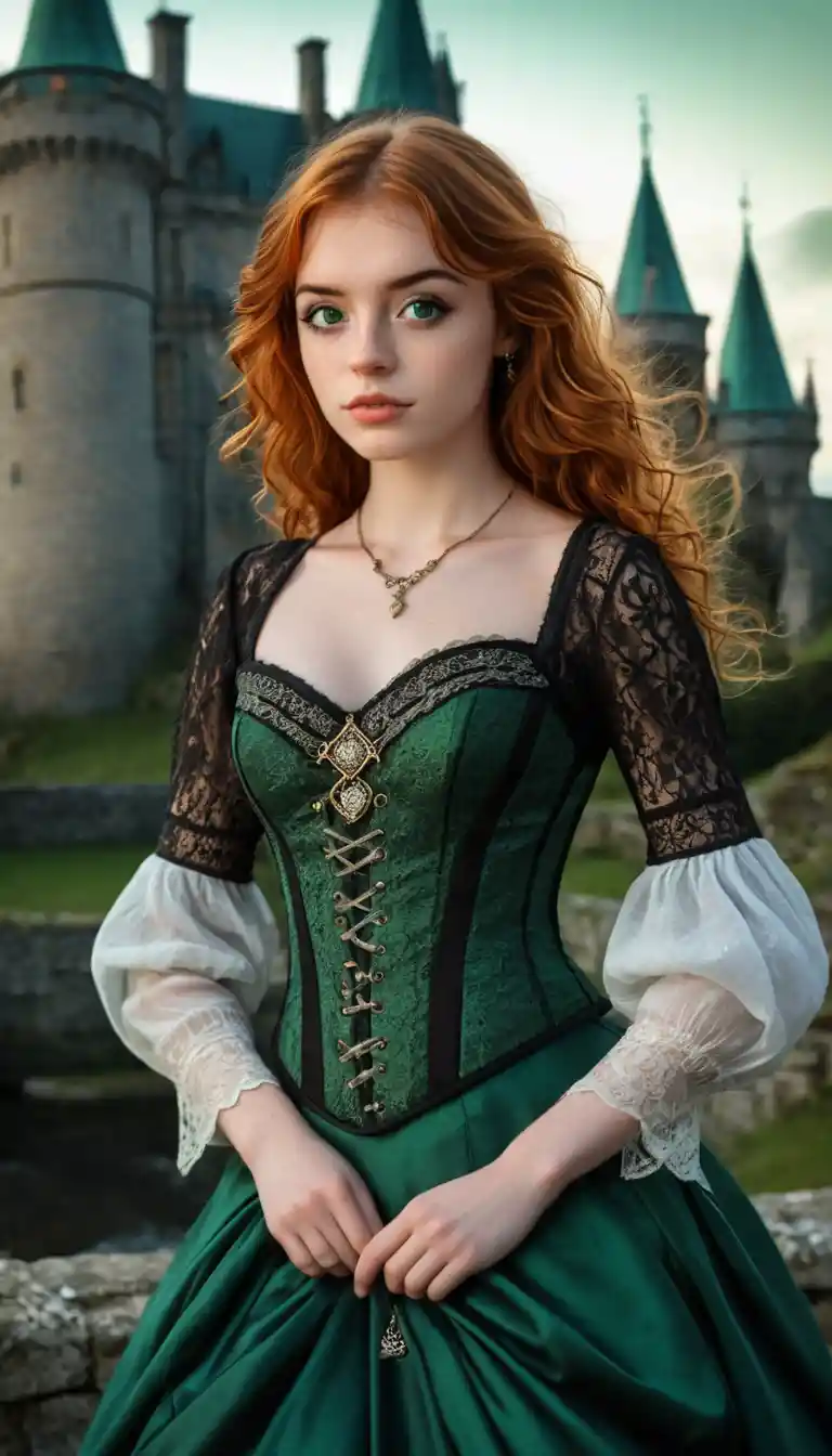 Jeune fille rousse de fantasy devant un château au crépuscule
