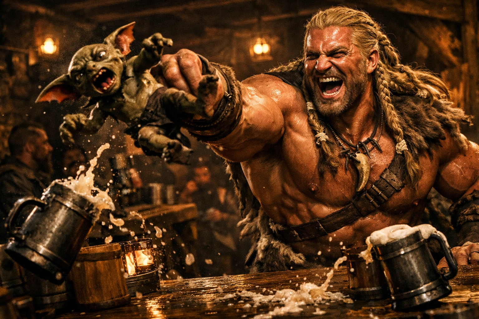 Barbarian hurls gremlin across a chaotic fantasy tavern