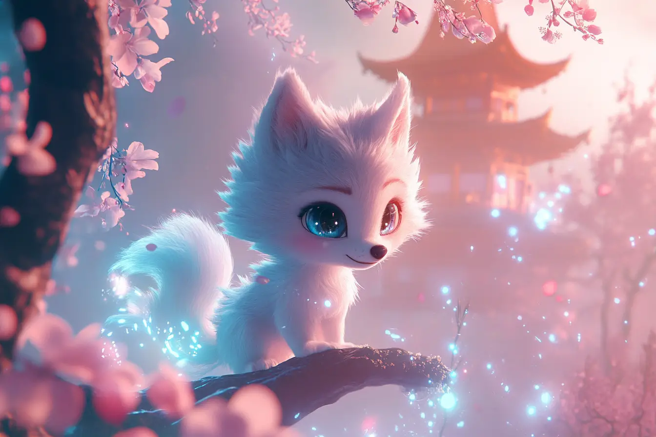 Lupetto chibi su ramo di ciliegio luminoso con polvere di stelle