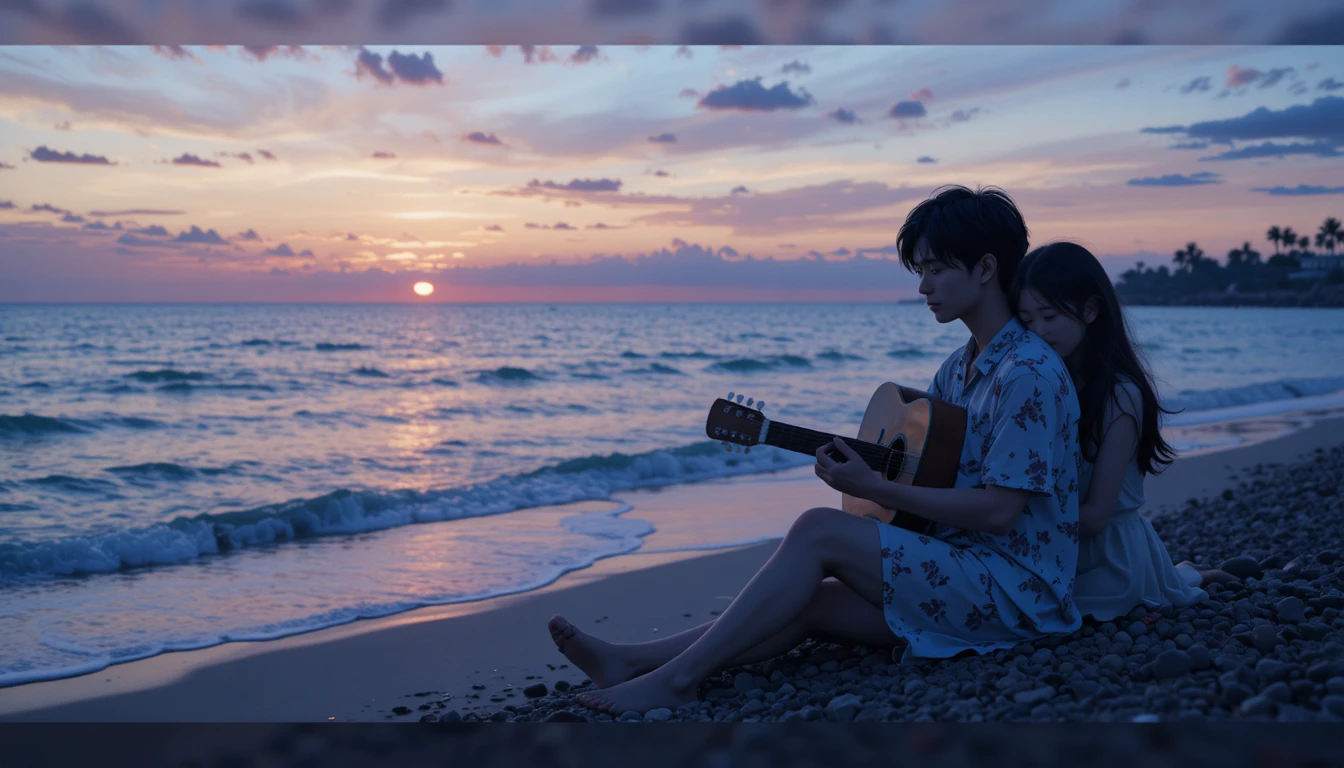 Casal de anime em praia tranquila ao entardecer com violão