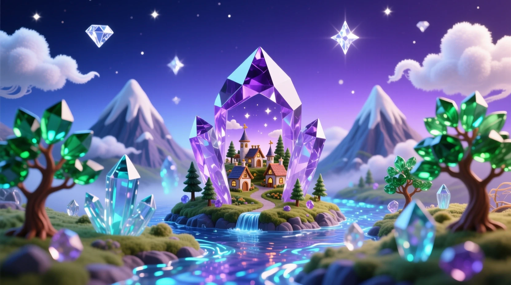 Villaggio di cristallo in miniatura in un paesaggio di vetro fantastico e luminoso