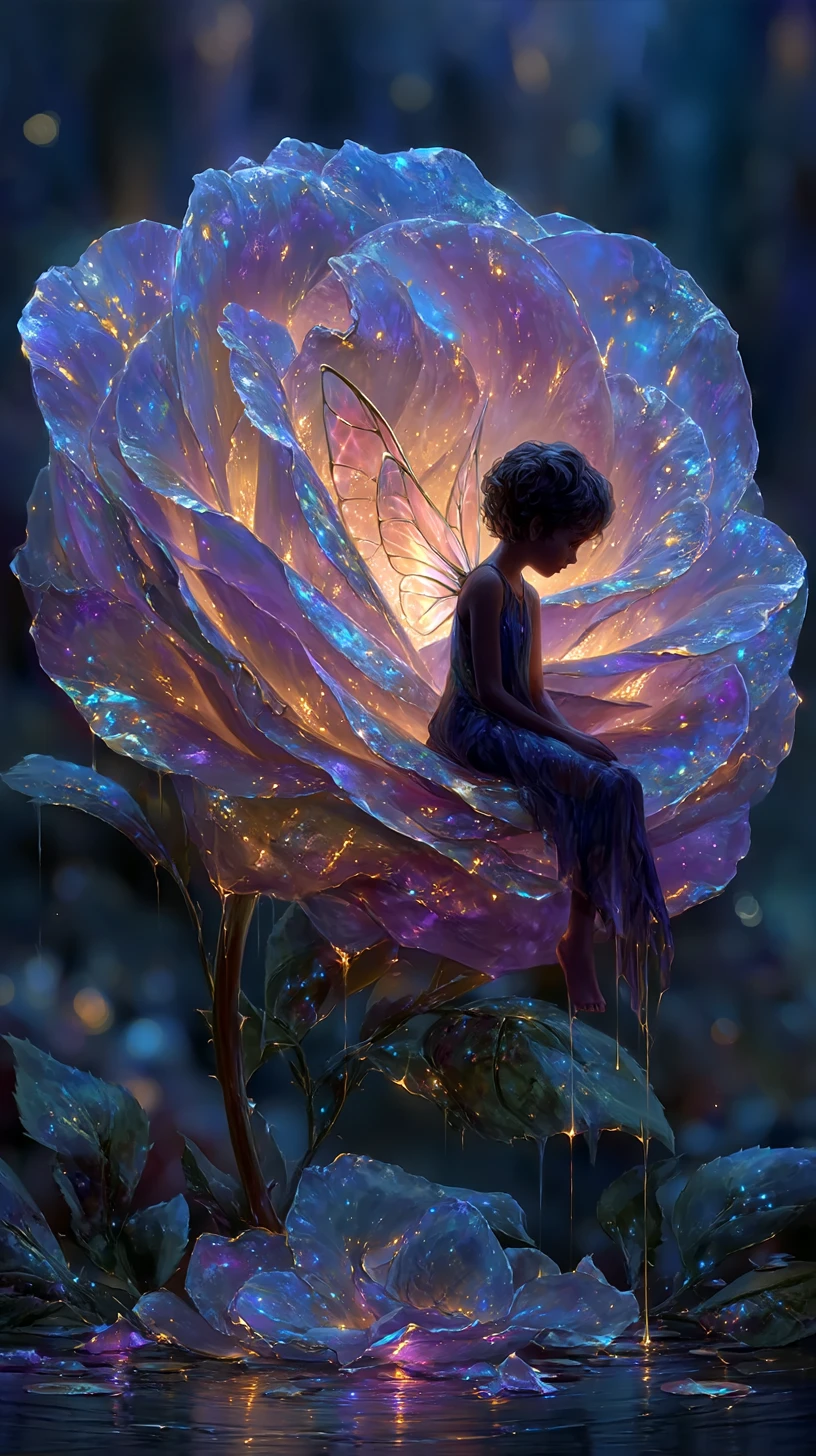 Tiny fairy resting on a giant glowing rose