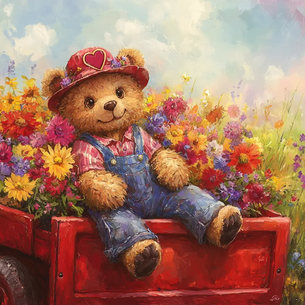 Tierno oso de peluche en un camión rojo lleno de flores - ilustración