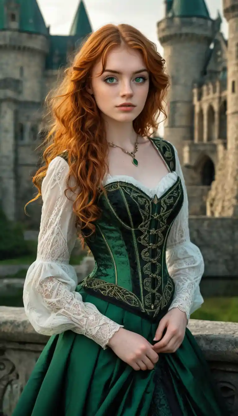 Aventurière rousse en robe émeraude devant un château au crépuscule