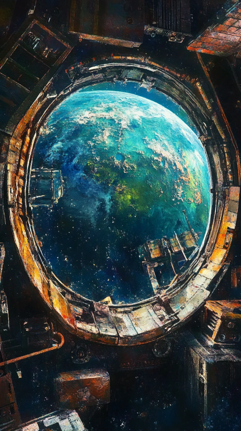 Interno di astronave abbandonata con pianeta visibile da un’ampia finestra