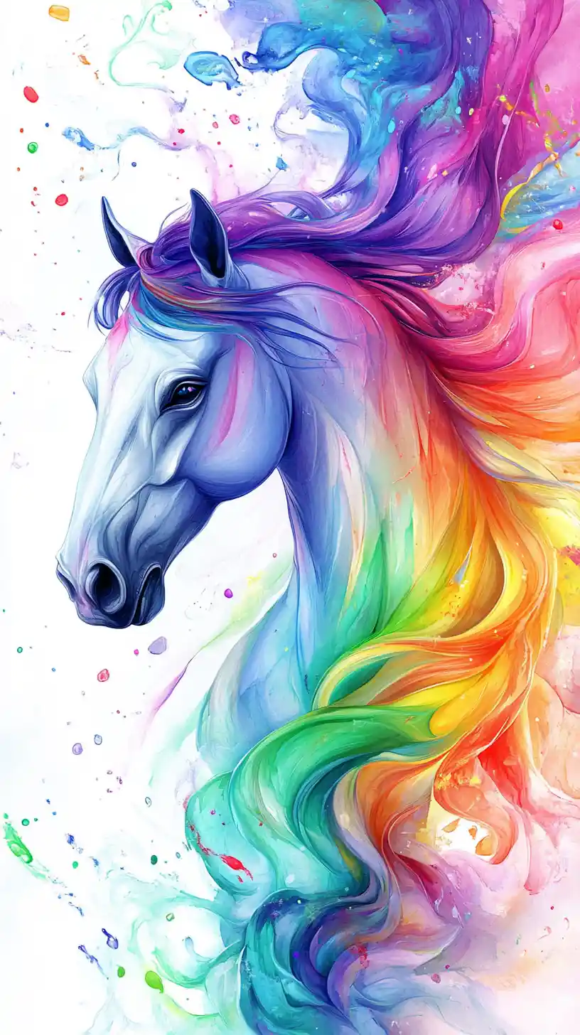 Caballo majestuoso con colores arcoíris sobre lienzo blanco