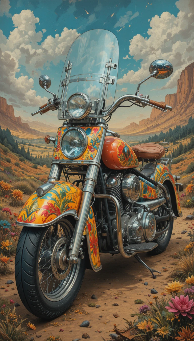 Pintura surrealista de uma moto clássica com cores vibrantes