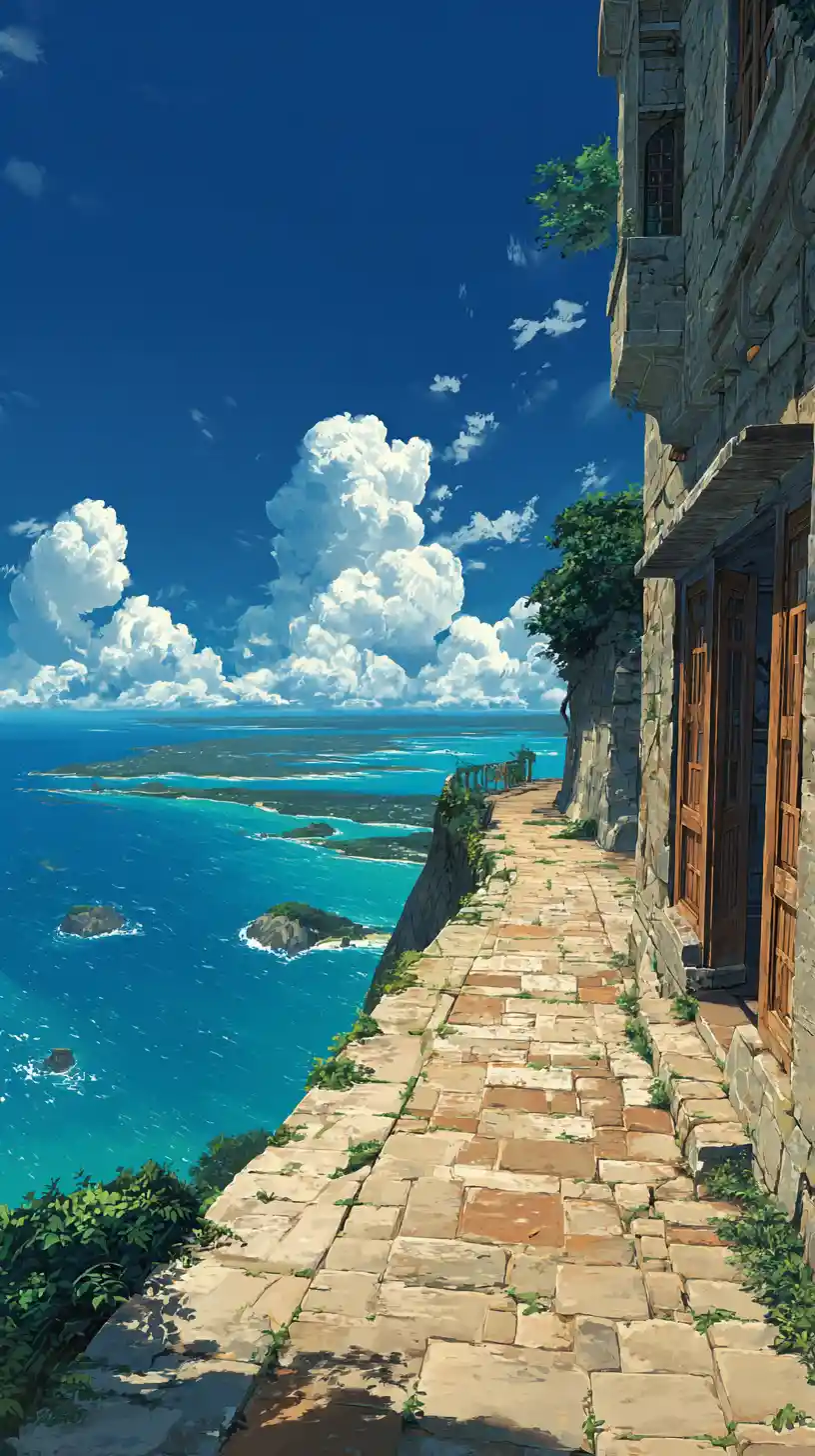 Stone path along a cliff above a distant blue ocean