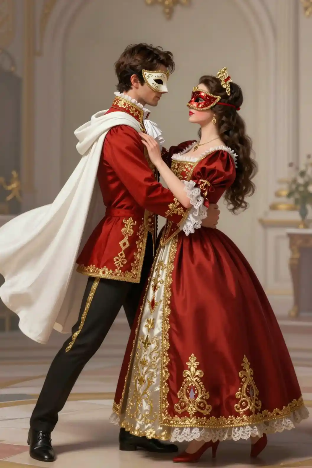 Elegante coppia mascherata che danza in costumi aristocratici