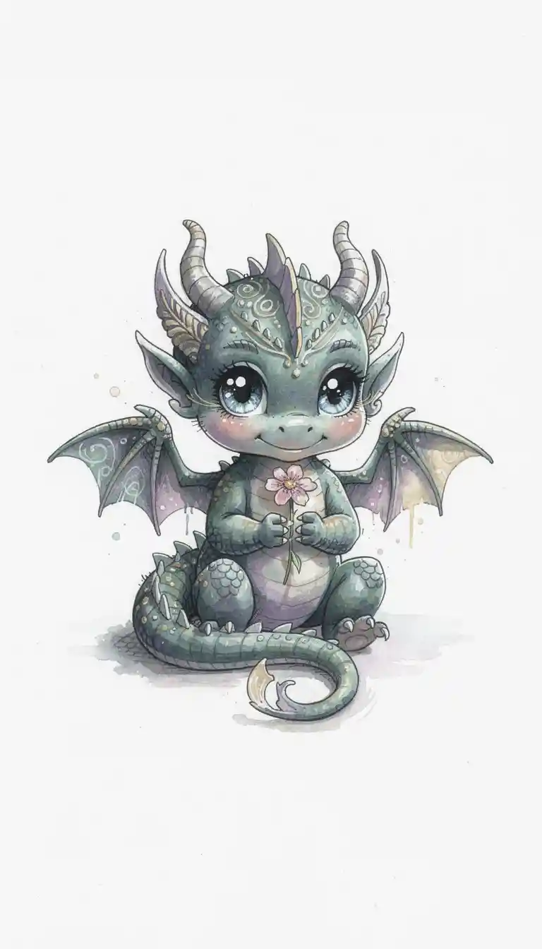 Adorable bébé dragon tenant une fleur en aquarelle