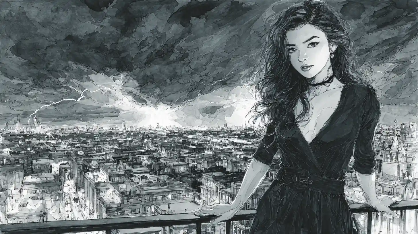 Mulher elegante em um terraço acima de uma cidade tempestuosa