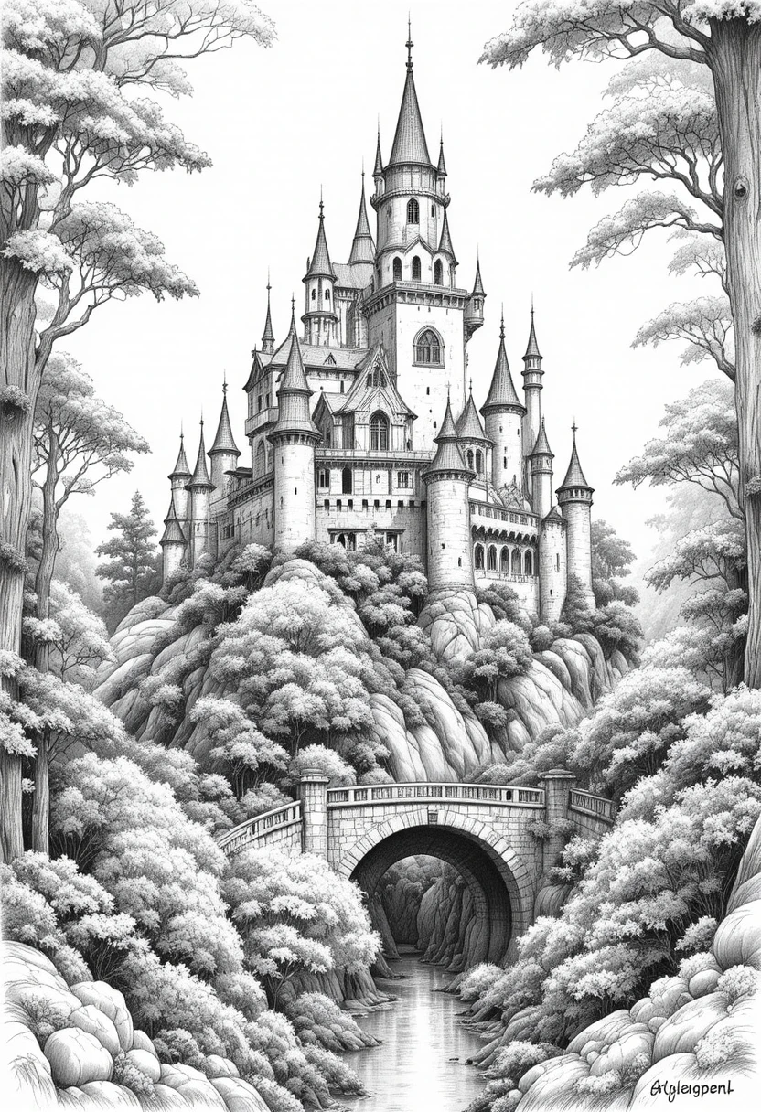 Desenho em grafite de um castelo no topo da colina com floresta e ponte