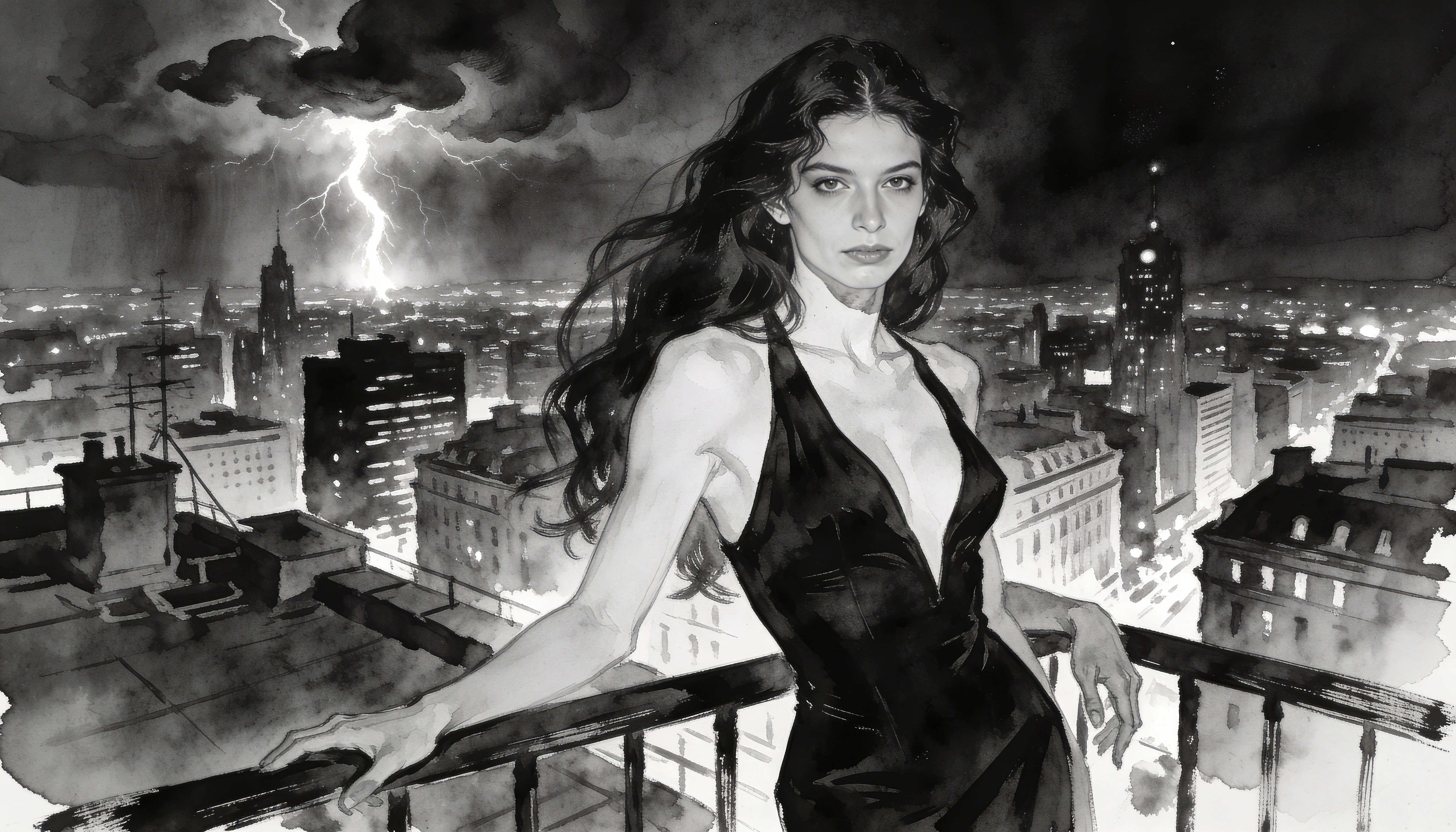 Mulher elegante em um terraço urbano em arte monocromática dramática