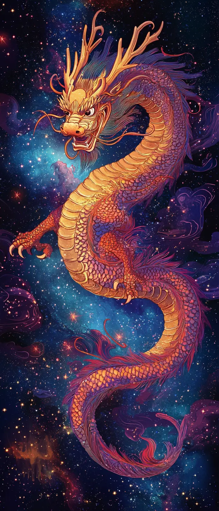 在璀璨宇宙星系中滑翔的中國龍