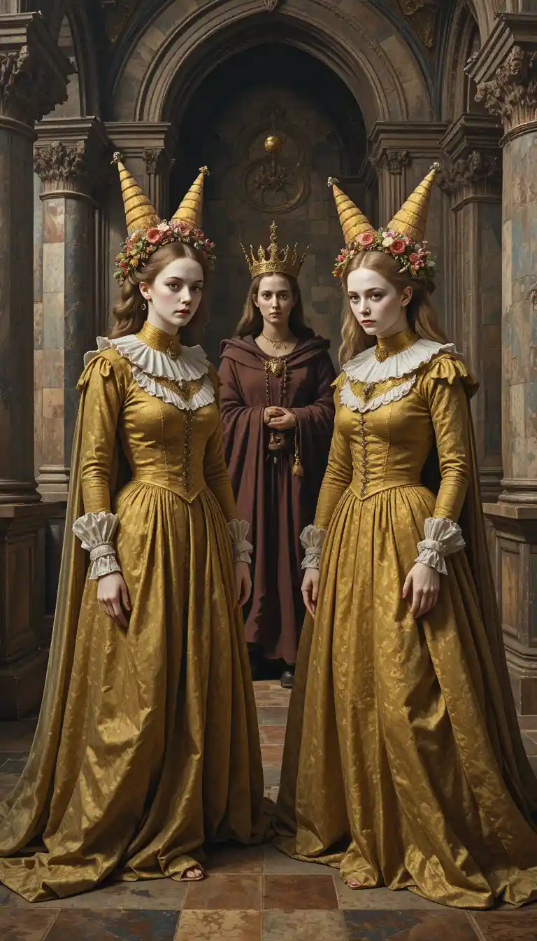 Duas garotas palhaças em um castelo diante do rei sentado