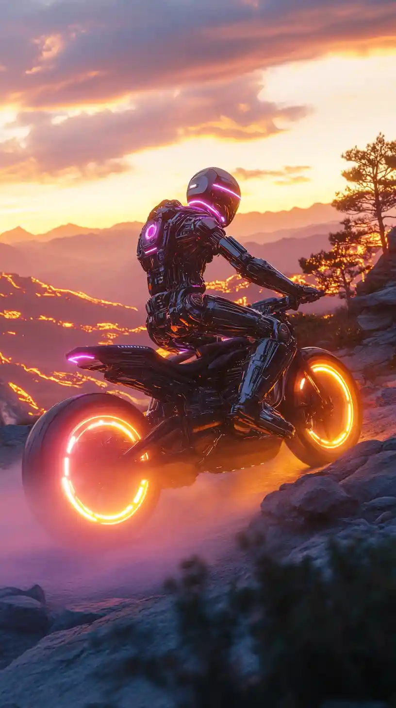 Futuristic robot riding a cyberpunk bike at sunset