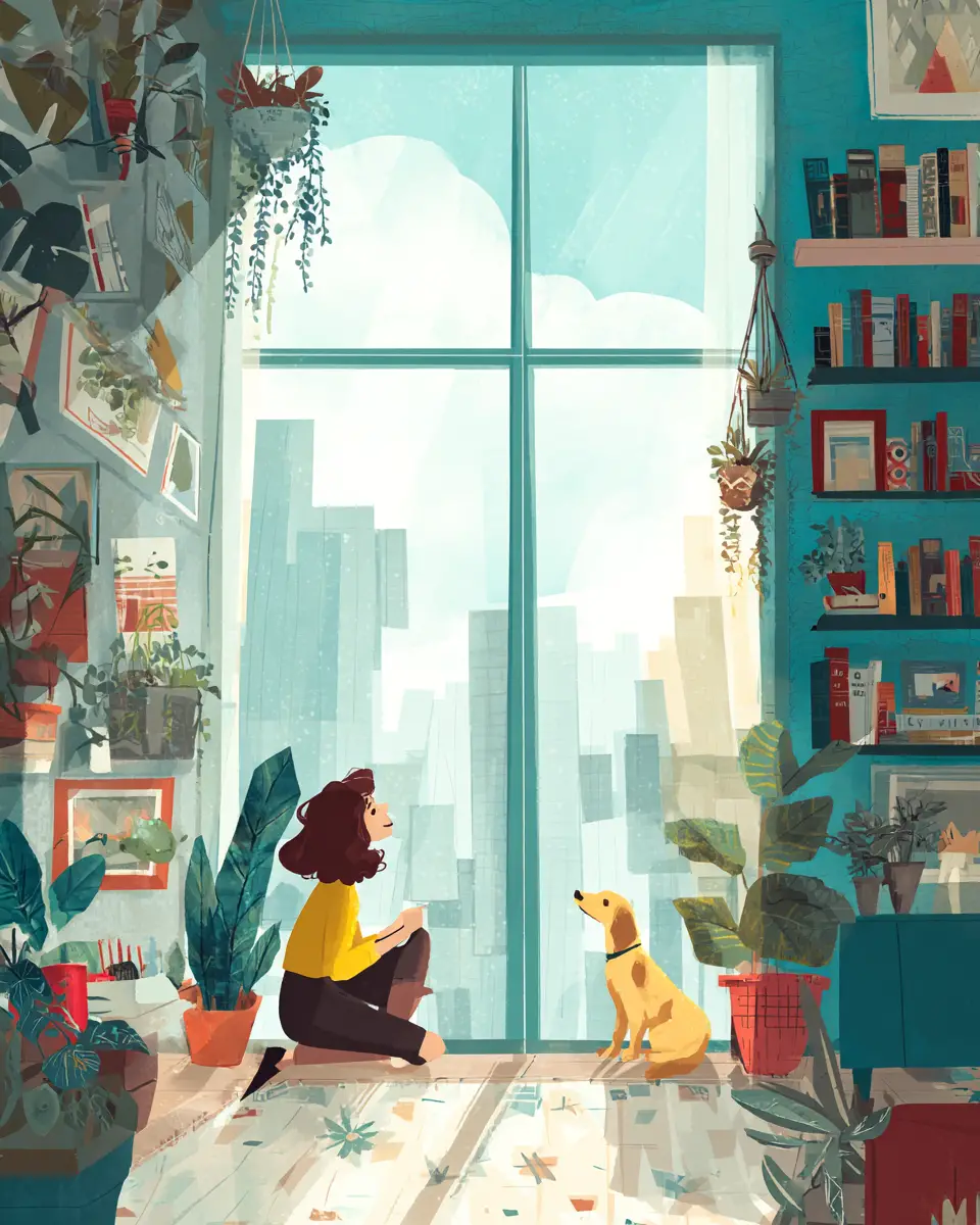 Appartement urbain ludique avec une fille et un chien dans une douce lumière