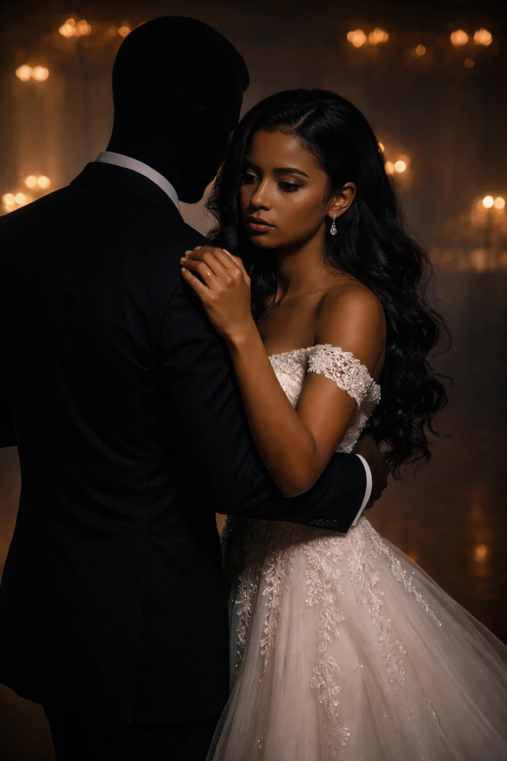 Sad bride dancing with faceless groom on dim floor