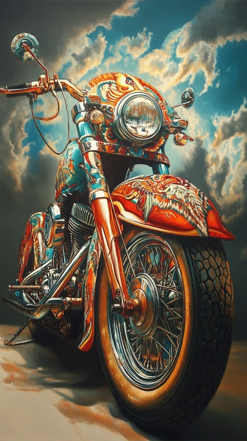 Pintura surreal de uma motocicleta Indian clássica com cores vibrantes