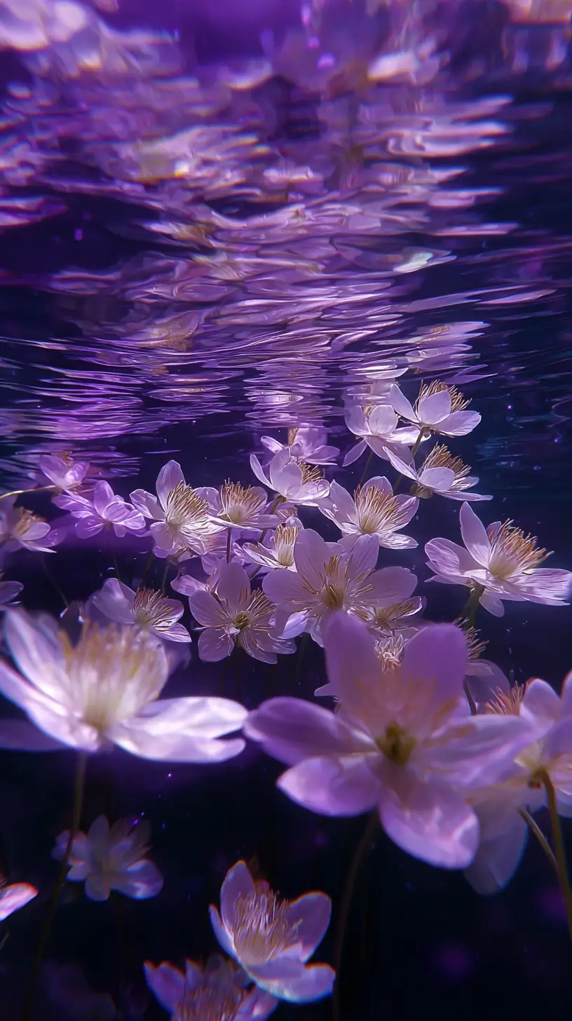 在夢幻紫色水下光芒中漂浮的白色花朵
