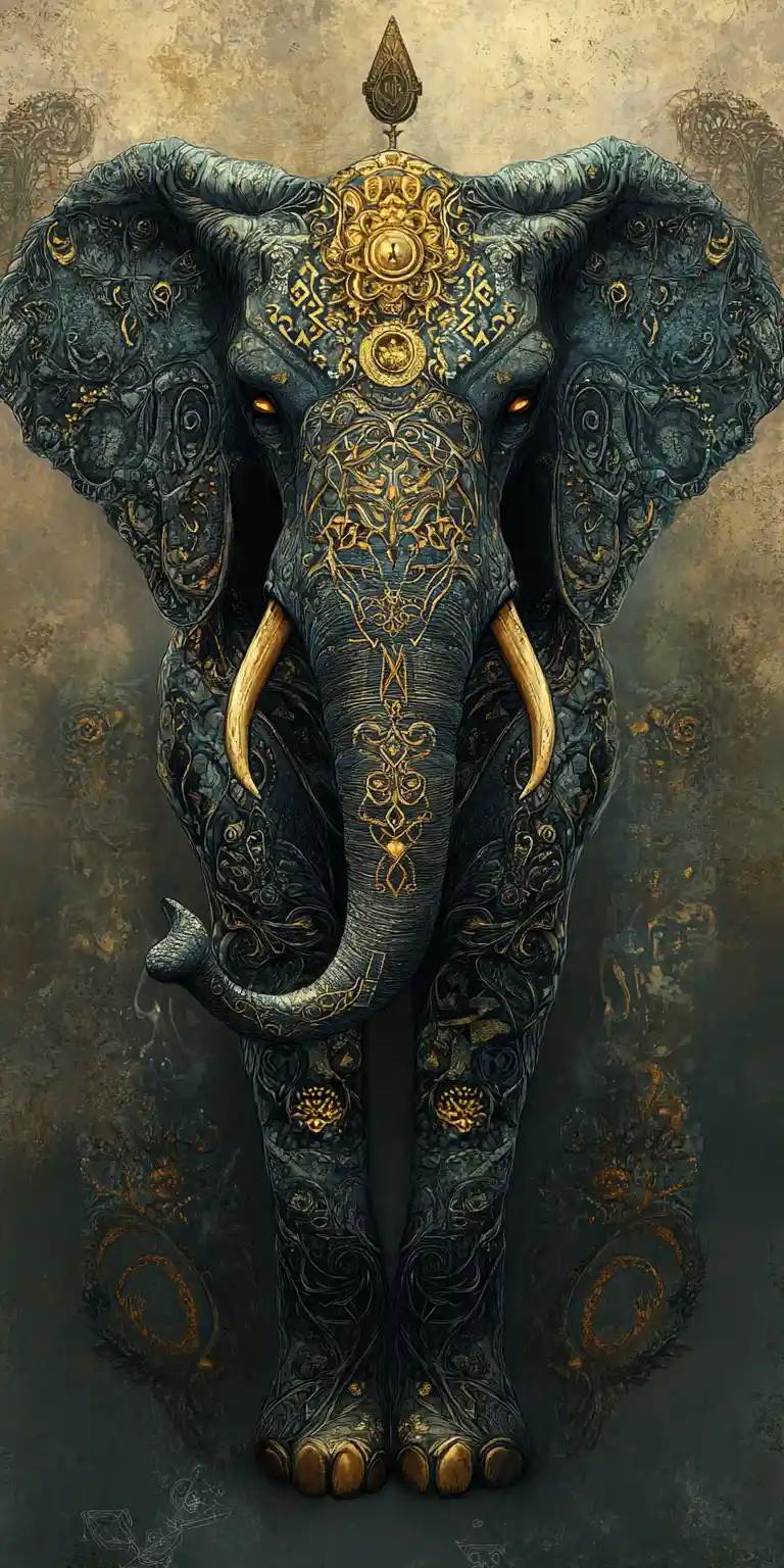 Elefante fantasioso real com armadura gótica ricamente detalhada