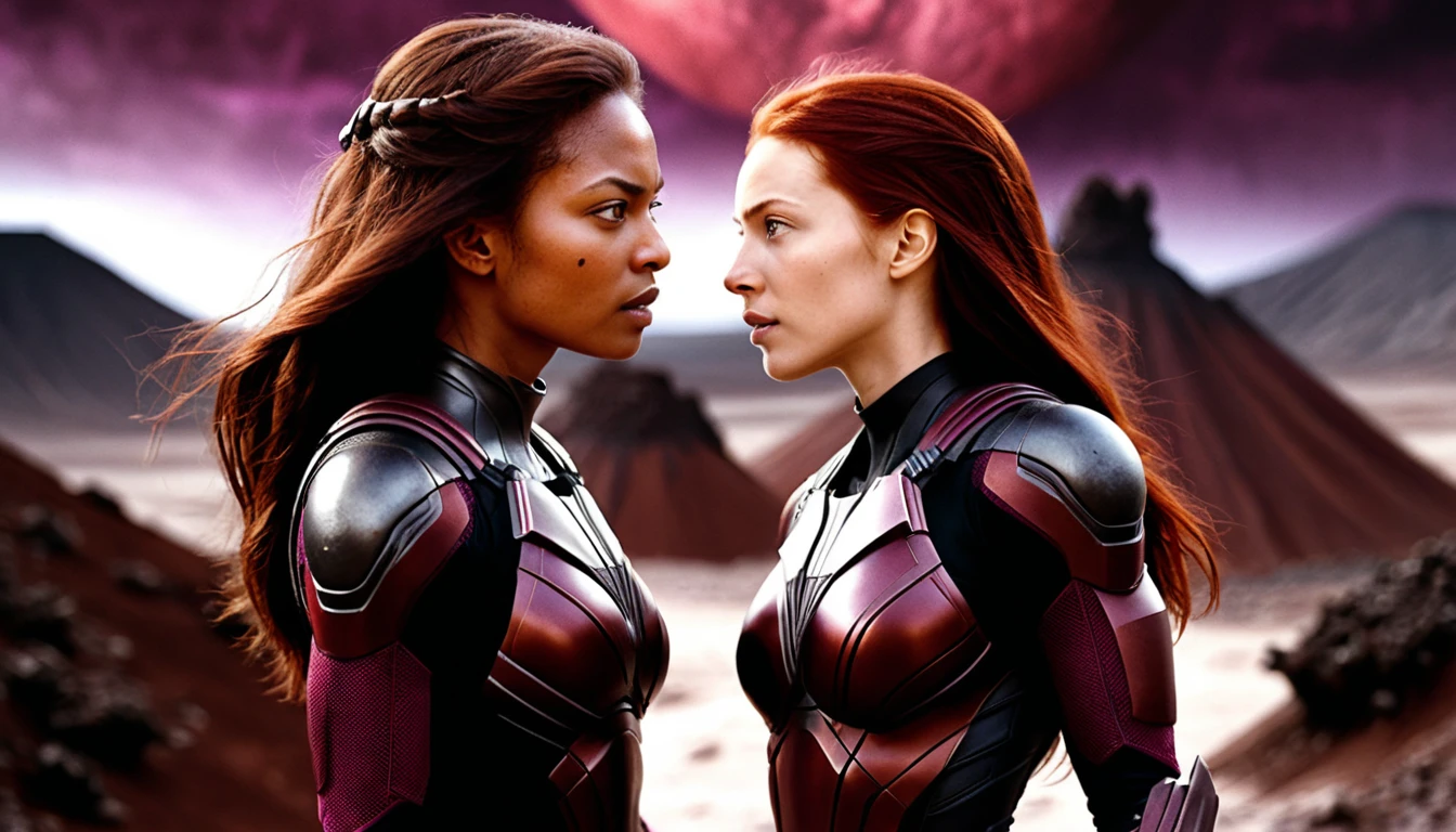 Two heroic women on an alien crater under purple sky